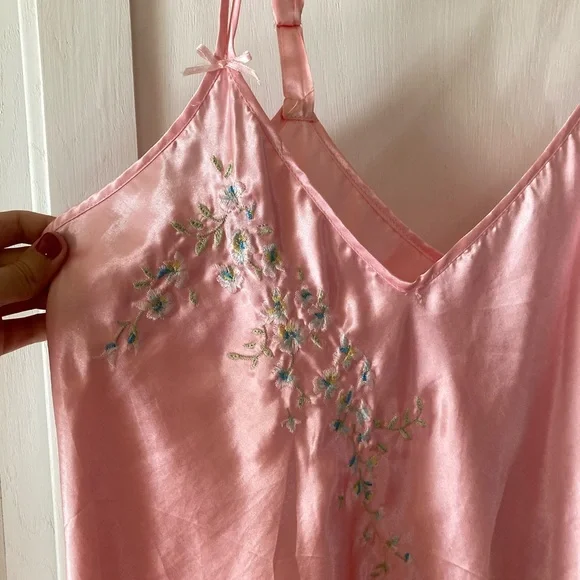 VTG Michael P. Pink Satin Slip Nightgown with Floral Accent - Picture 3 of 6